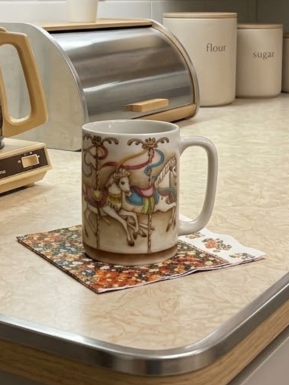 Vintage 1980s Otagiri Beige Ceramic Coffee Mug Japan - Carousel Horses
